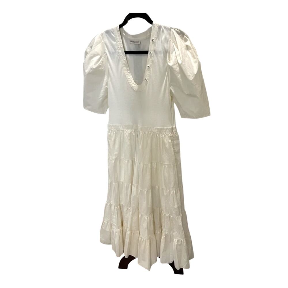 Ulla Johnson S Cotton Poplin Puff Sleeve Rory Dress Tiered Midi Ivory White $425 - Picture 4 of 11